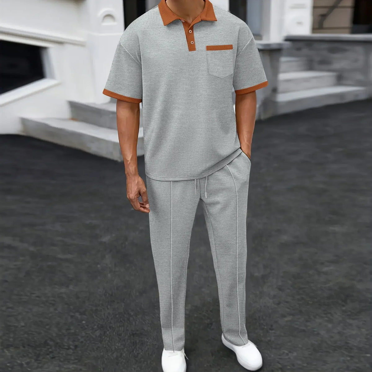Contrast Collar Polo and Trouser Two Piece Set for Men | Summer Wear