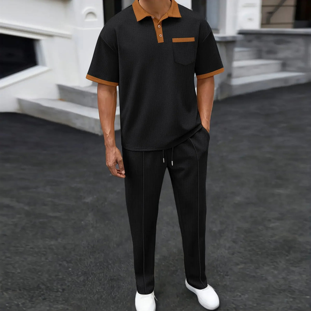 Contrast Collar Polo and Trouser Two Piece Set for Men | Summer Wear