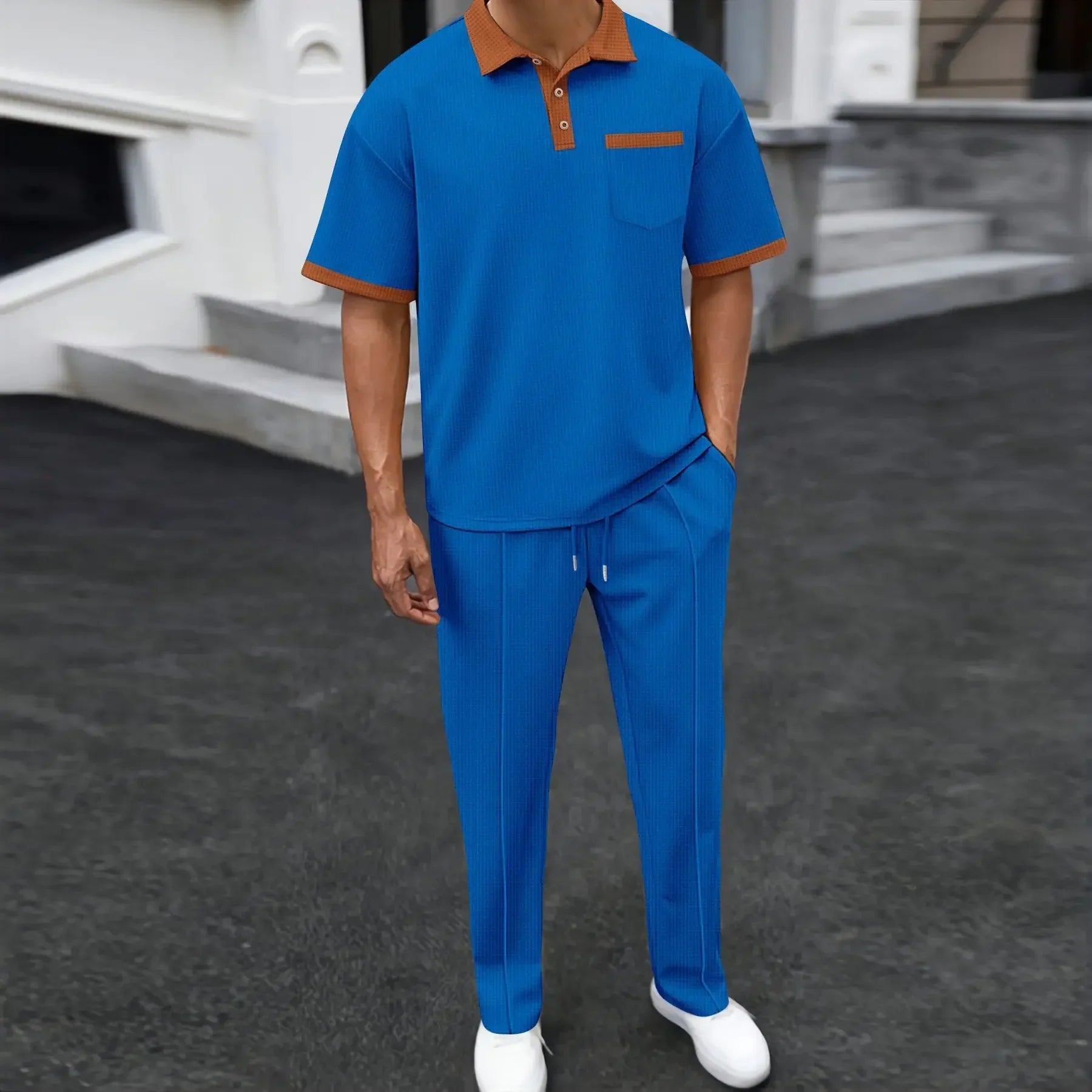 Contrast Collar Polo and Trouser Two Piece Set for Men | Summer Wear
