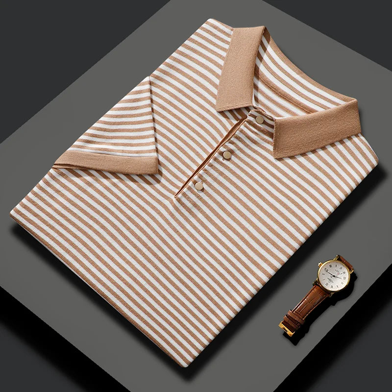 Silk Blend Striped Short Sleeve Polo Shirt for Men | Summer Wear