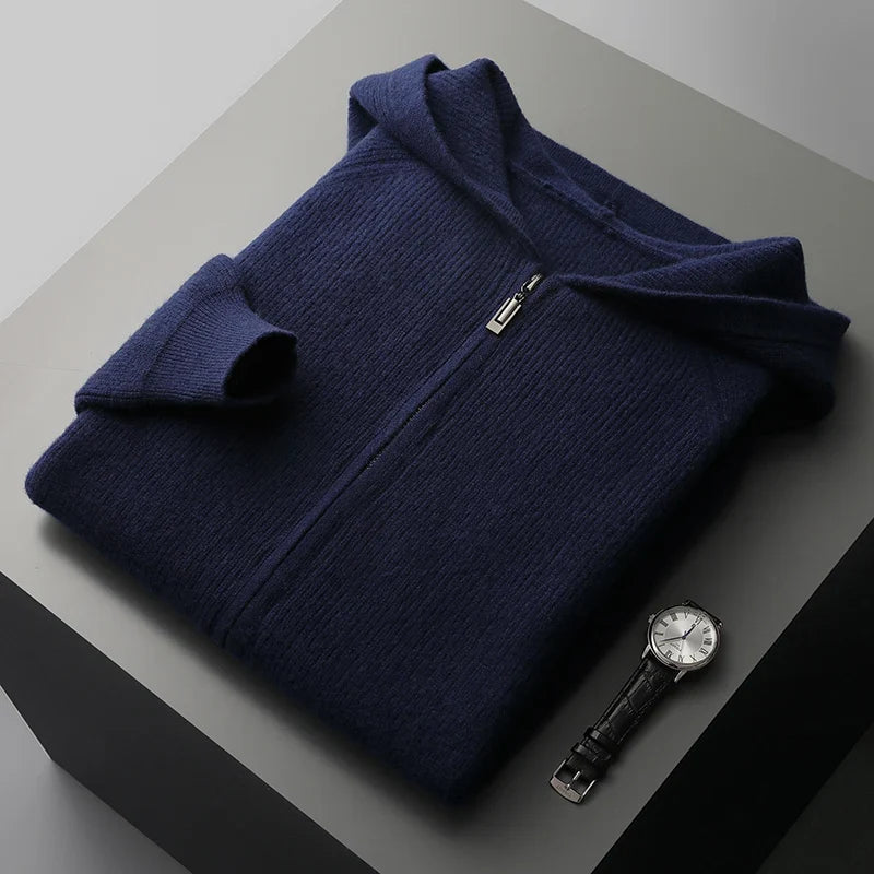 Merino Wool Hooded Knit Cardigan Jacket for Men | Cold Weather Layering