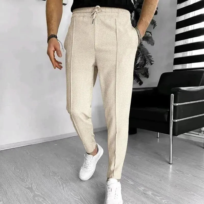 Textured Slim Fit Drawstring Trousers for Men | Smart Casual Wear