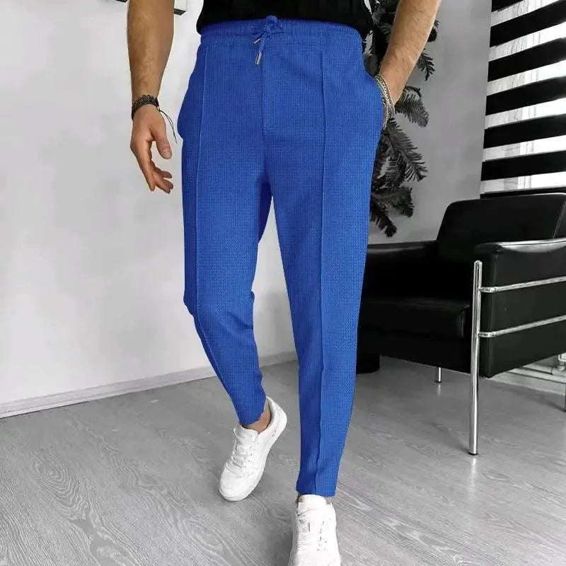 Textured Slim Fit Drawstring Trousers for Men | Smart Casual Wear