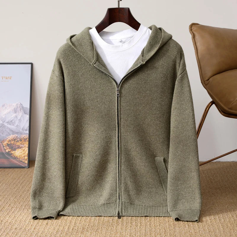 Merino Wool Hooded Zip Cardigan for Men | Autumn and Winter Wear