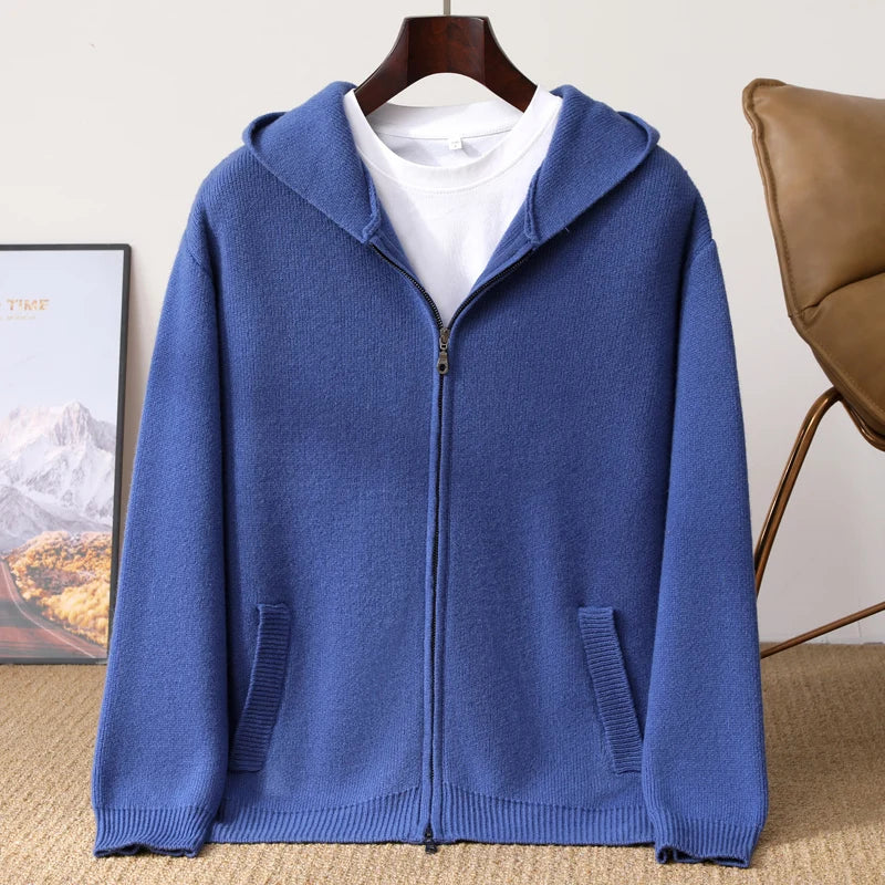 Merino Wool Hooded Zip Cardigan for Men | Autumn and Winter Wear