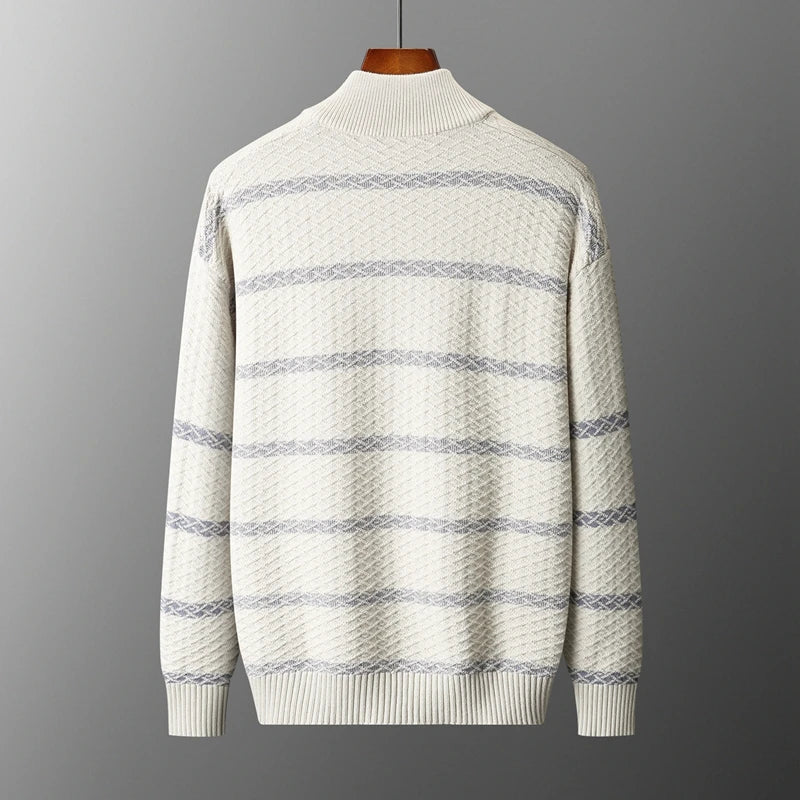 Striped Merino Wool Half High Collar Zip Cardigan for Men | Winter Layering