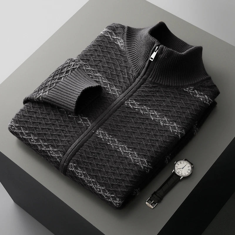 Striped Merino Wool Half High Collar Zip Cardigan for Men | Winter Layering