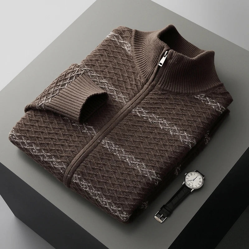 Striped Merino Wool Half High Collar Zip Cardigan for Men | Winter Layering