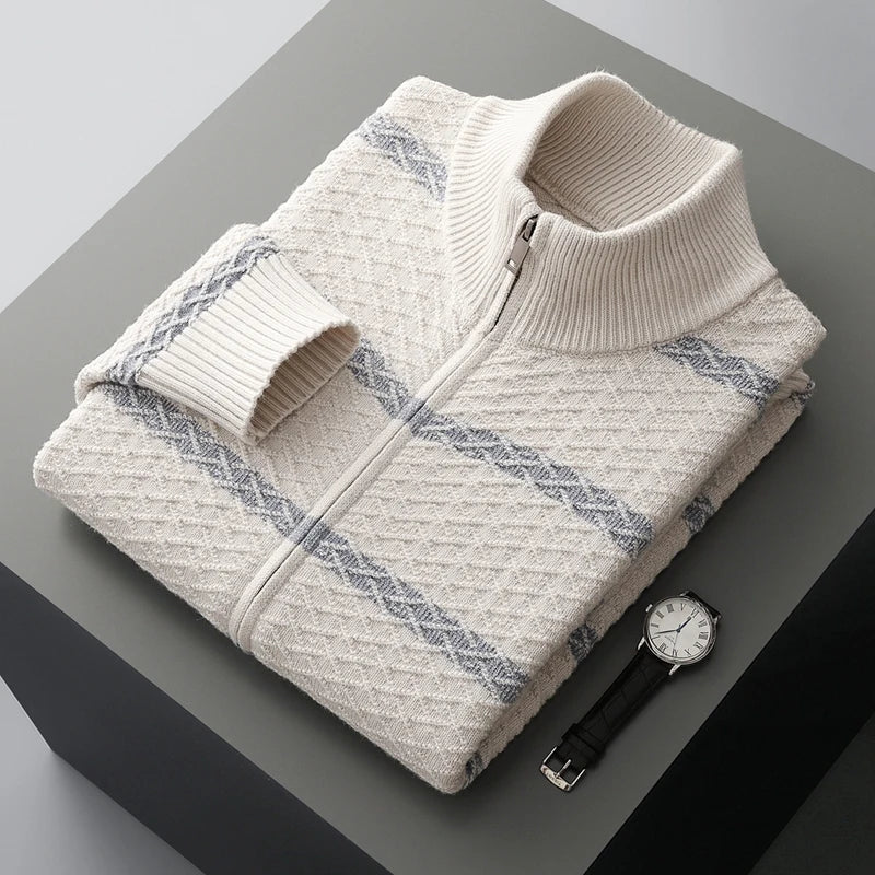 Striped Merino Wool Half High Collar Zip Cardigan for Men | Winter Layering