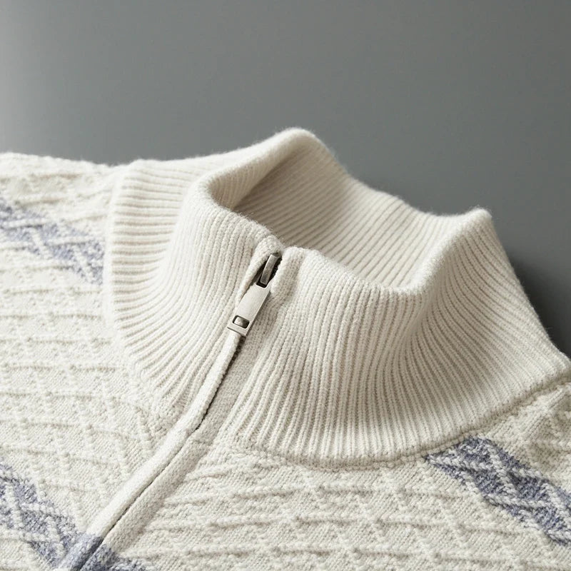 Striped Merino Wool Half High Collar Zip Cardigan for Men | Winter Layering