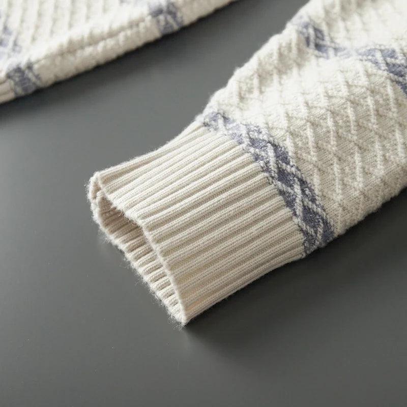 Striped Merino Wool Half High Collar Zip Cardigan for Men | Winter Layering