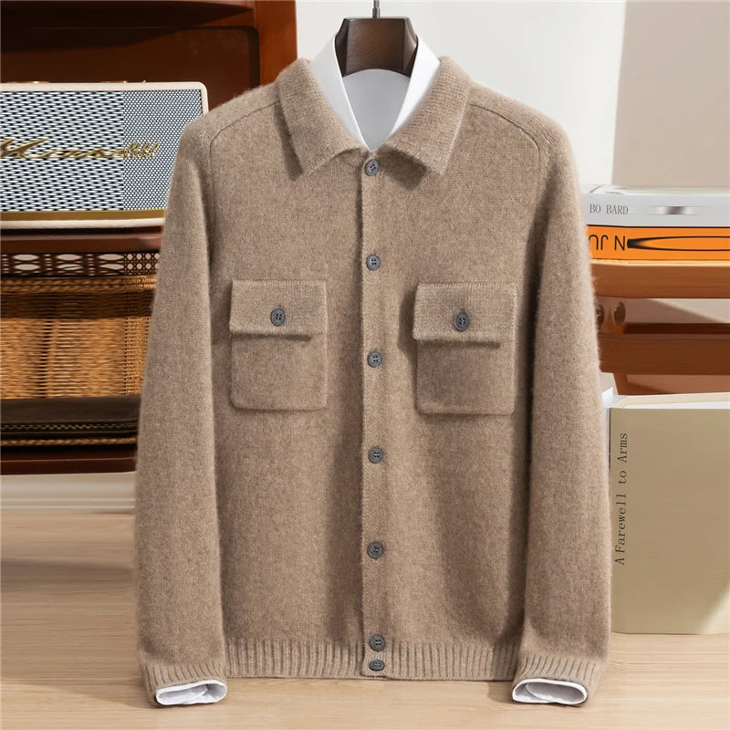 Pure Cashmere Polo Collar Button Cardigan for Men | Business and Casual Wear