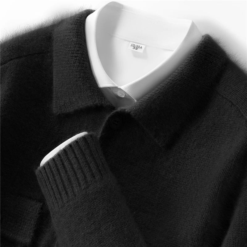 Pure Cashmere Polo Collar Button Cardigan for Men | Business and Casual Wear