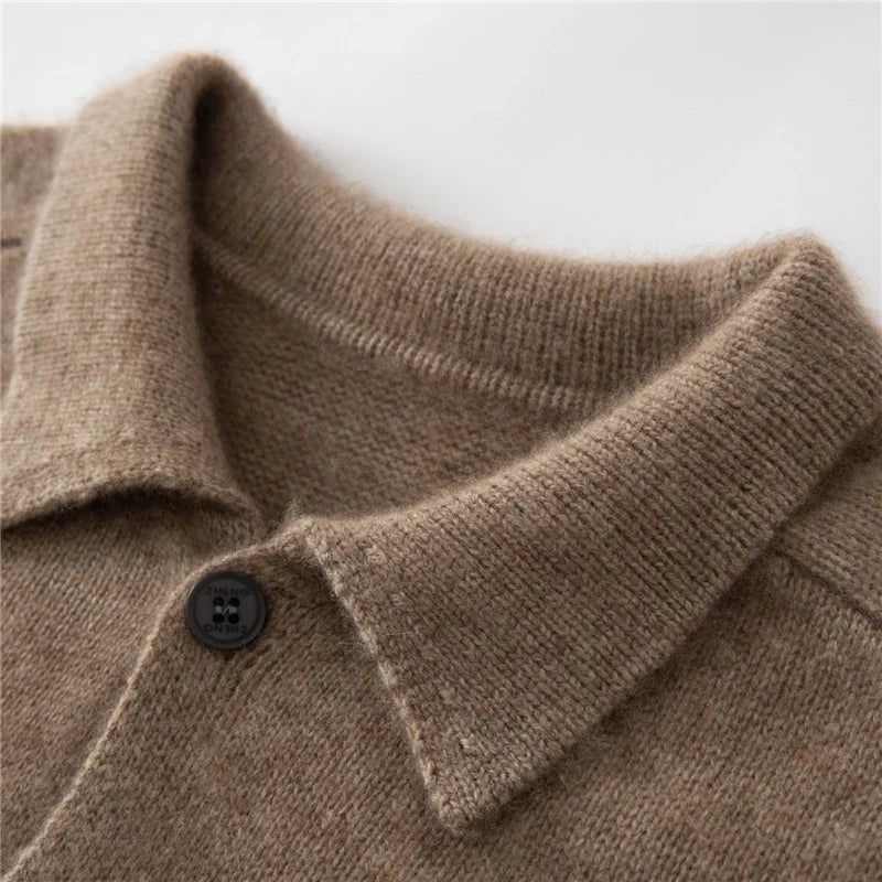 Pure Cashmere Polo Collar Button Cardigan for Men | Business and Casual Wear