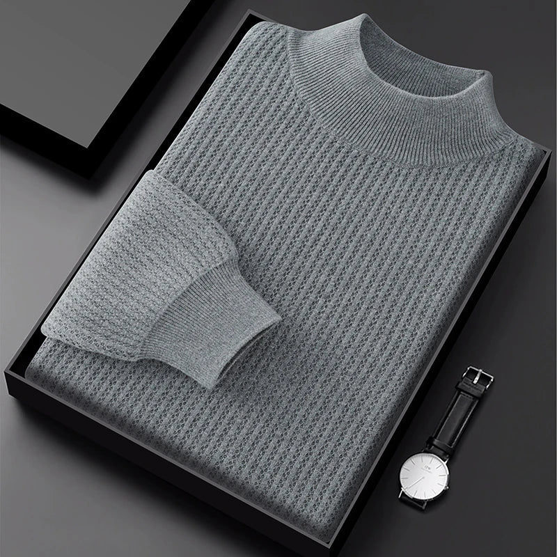 Pure Cotton Honeycomb Knit Half High Collar Sweater for Men | Winter Layering