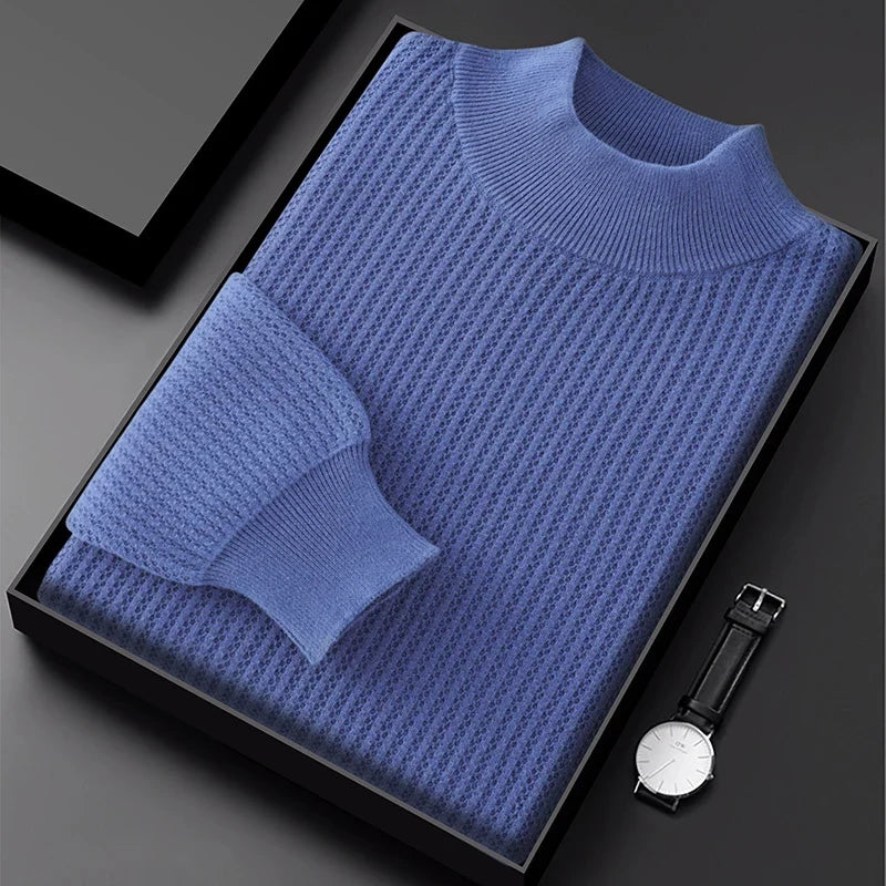 Pure Cotton Honeycomb Knit Half High Collar Sweater for Men | Winter Layering