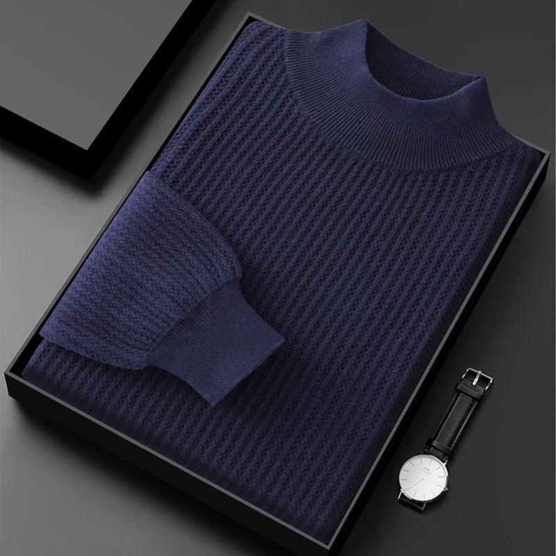 Pure Cotton Honeycomb Knit Half High Collar Sweater for Men | Winter Layering