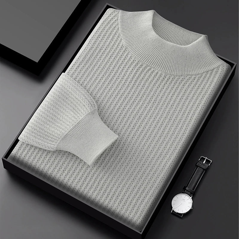 Pure Cotton Honeycomb Knit Half High Collar Sweater for Men | Winter Layering