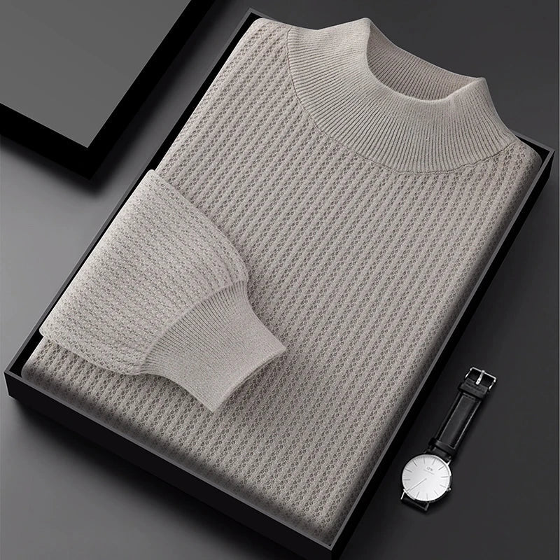 Pure Cotton Honeycomb Knit Half High Collar Sweater for Men | Winter Layering