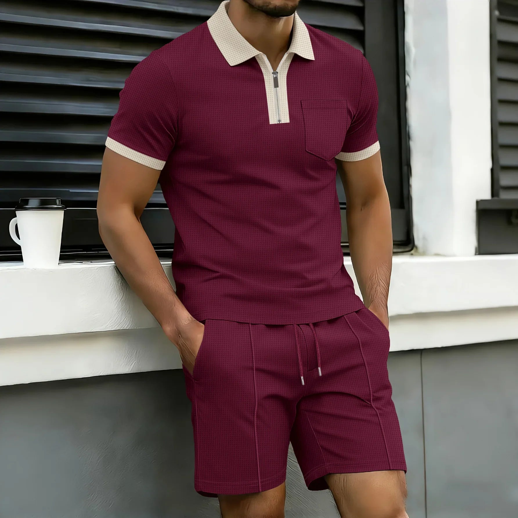Waffle Knit Zip Polo and Shorts Set for Men | Summer Wear