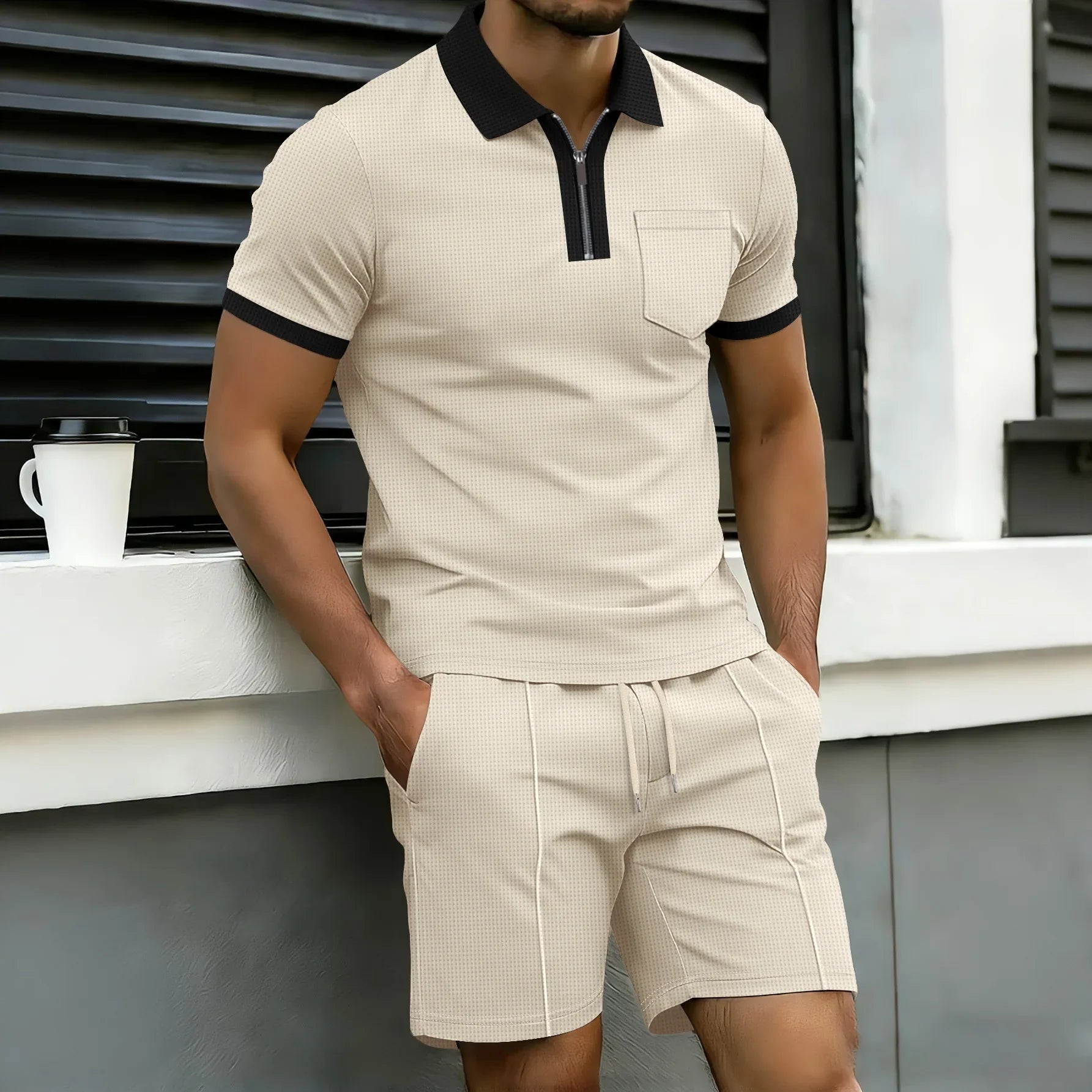 Waffle Knit Zip Polo and Shorts Set for Men | Summer Wear