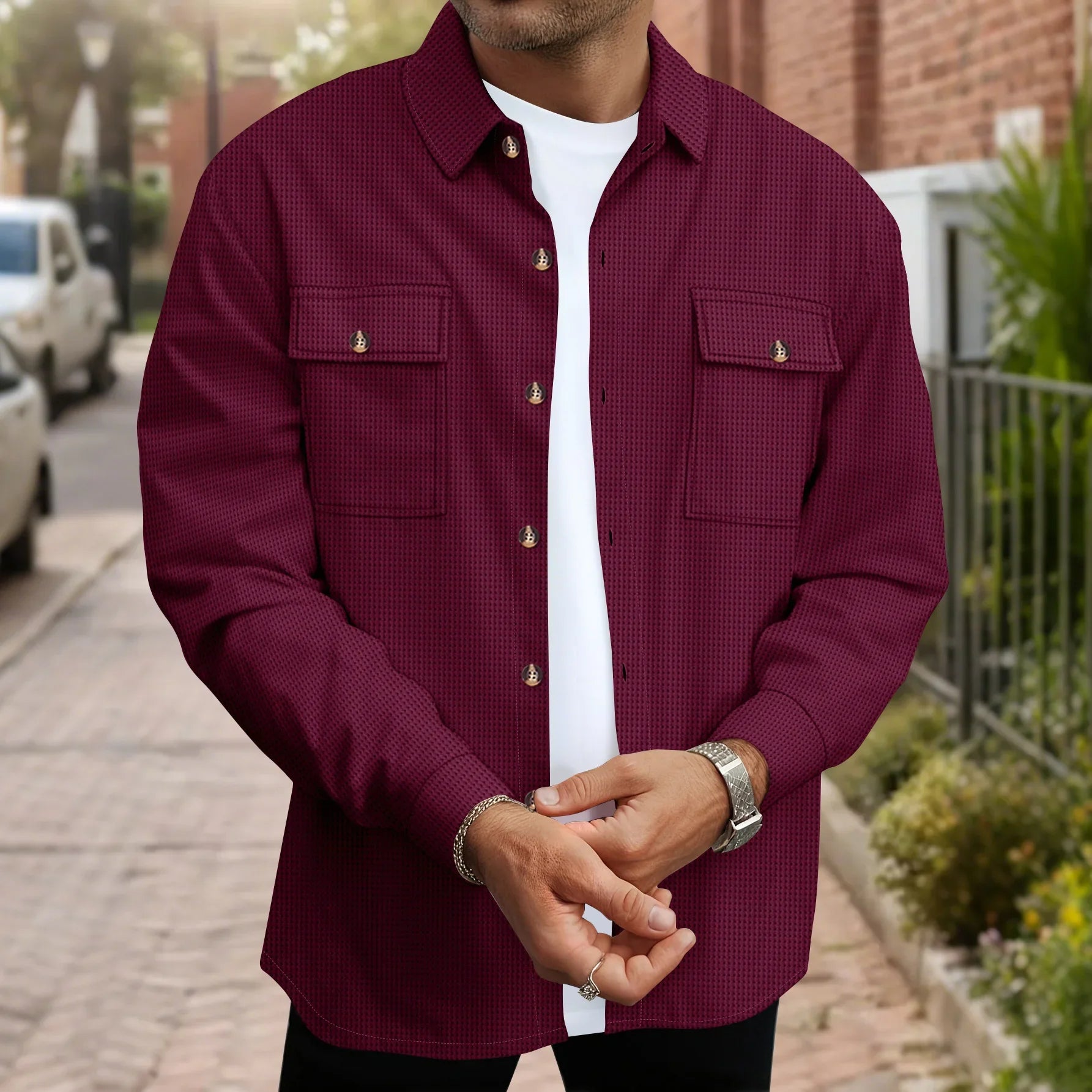 Waffle Texture Button Up Overshirt for Men | Spring and Autumn Layering