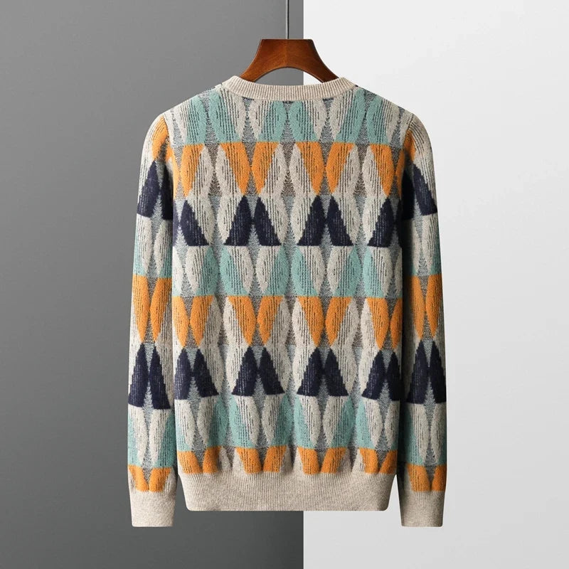 Geometric Pattern Merino Wool Crewneck Sweater for Men | Casual and Office Wear