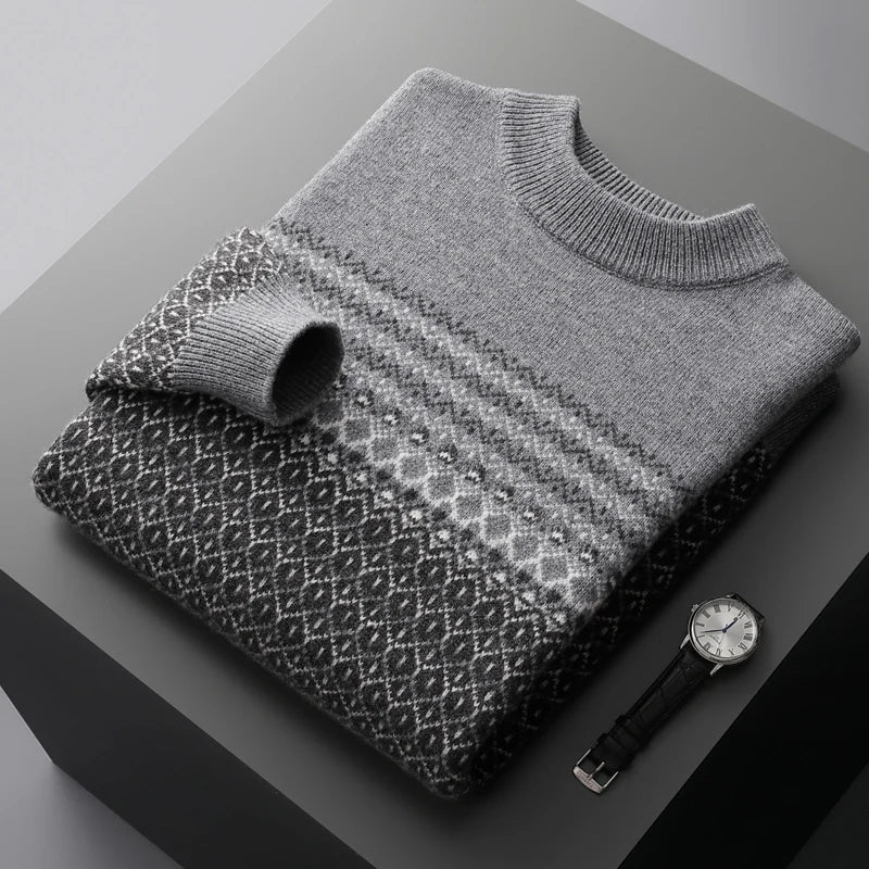 Pure Wool Fair Isle Crewneck Sweater for Men | Autumn and Winter Wear