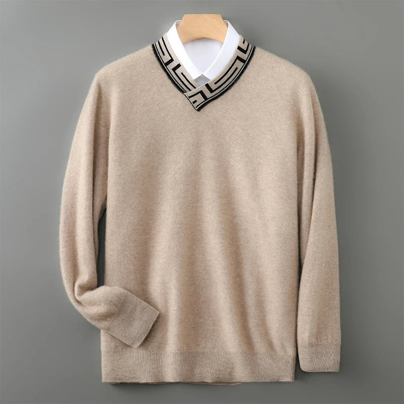 Embroidered Neck Merino Wool V Neck Sweater for Men | Autumn and Winter Wear