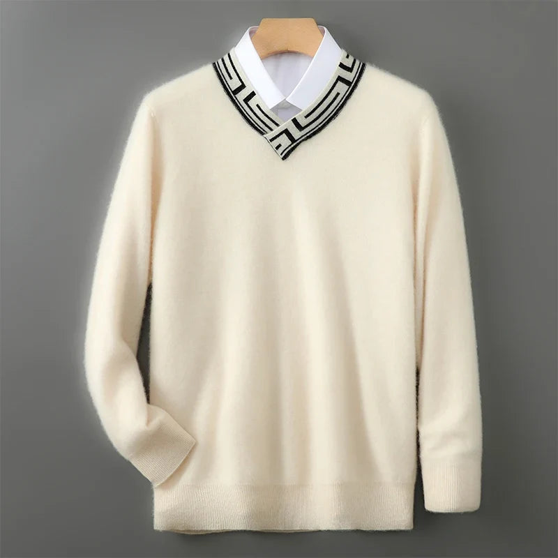 Embroidered Neck Merino Wool V Neck Sweater for Men | Autumn and Winter Wear
