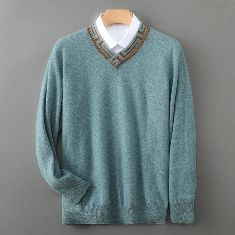Embroidered Neck Merino Wool V Neck Sweater for Men | Autumn and Winter Wear