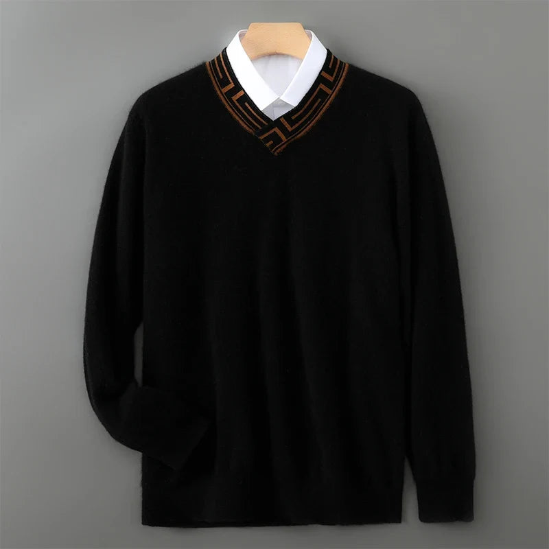 Embroidered Neck Merino Wool V Neck Sweater for Men | Autumn and Winter Wear