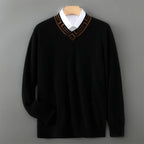 Embroidered Neck Merino Wool V Neck Sweater for Men | Autumn and Winter Wear