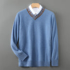 Embroidered Neck Merino Wool V Neck Sweater for Men | Autumn and Winter Wear