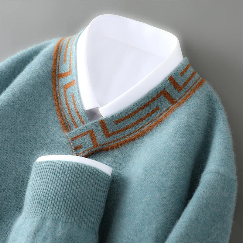 Embroidered Neck Merino Wool V Neck Sweater for Men | Autumn and Winter Wear