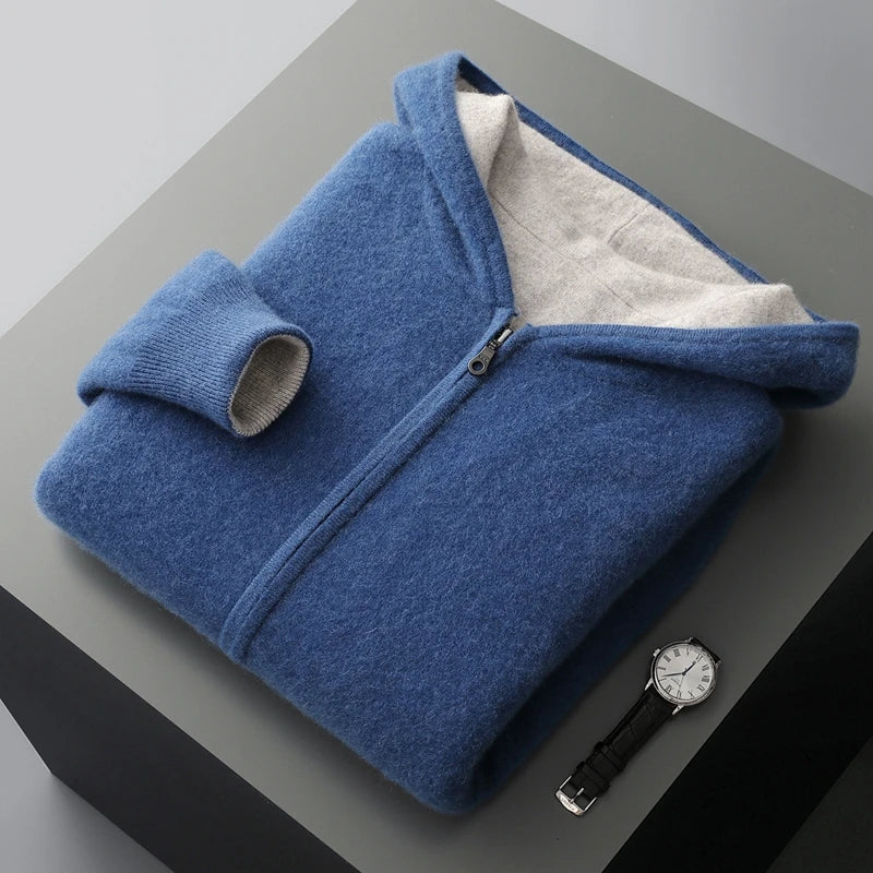 Merino Wool Zip Up Hooded Cardigan for Men | Smart Casual Winter Wear