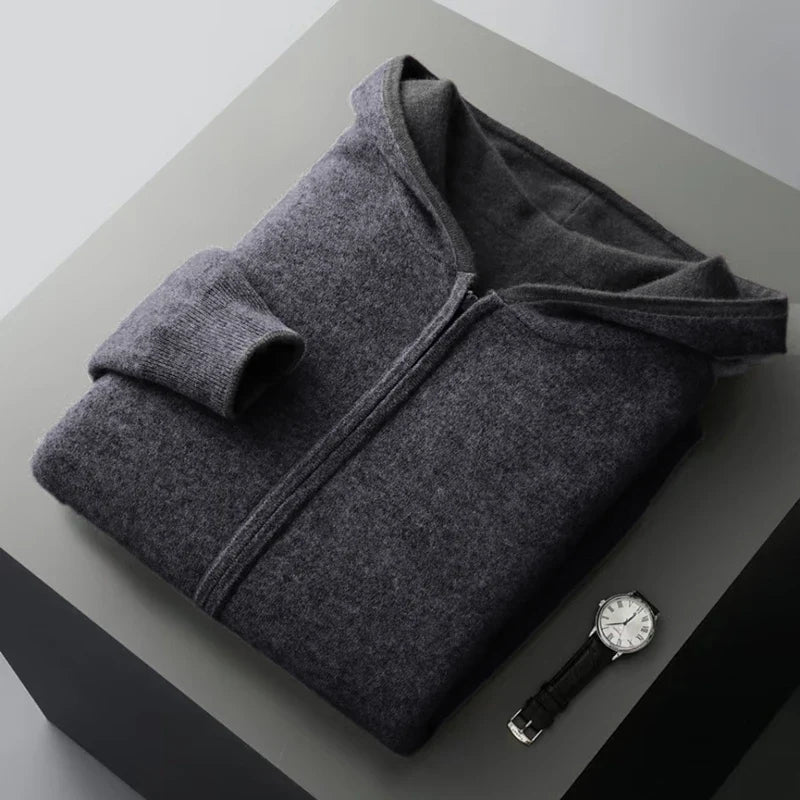 Merino Wool Zip Up Hooded Cardigan for Men | Smart Casual Winter Wear