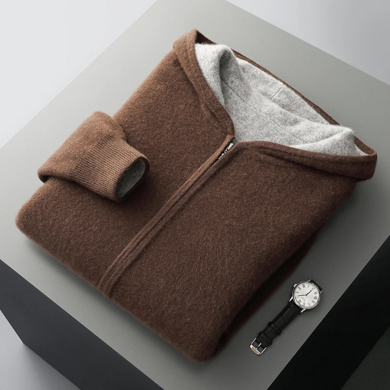 Merino Wool Zip Up Hooded Cardigan for Men | Smart Casual Winter Wear