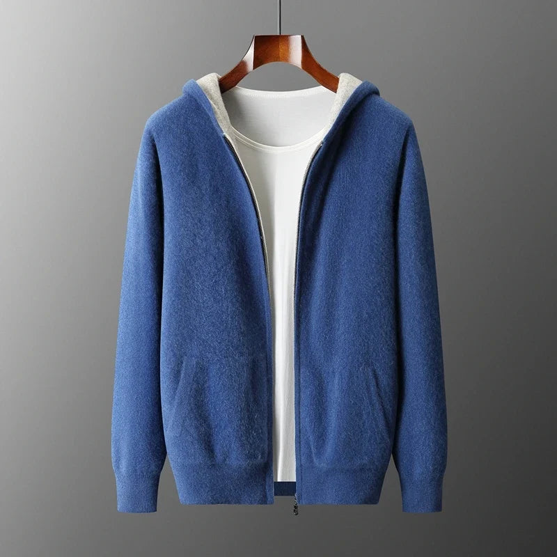 Merino Wool Zip Up Hooded Cardigan for Men | Smart Casual Winter Wear