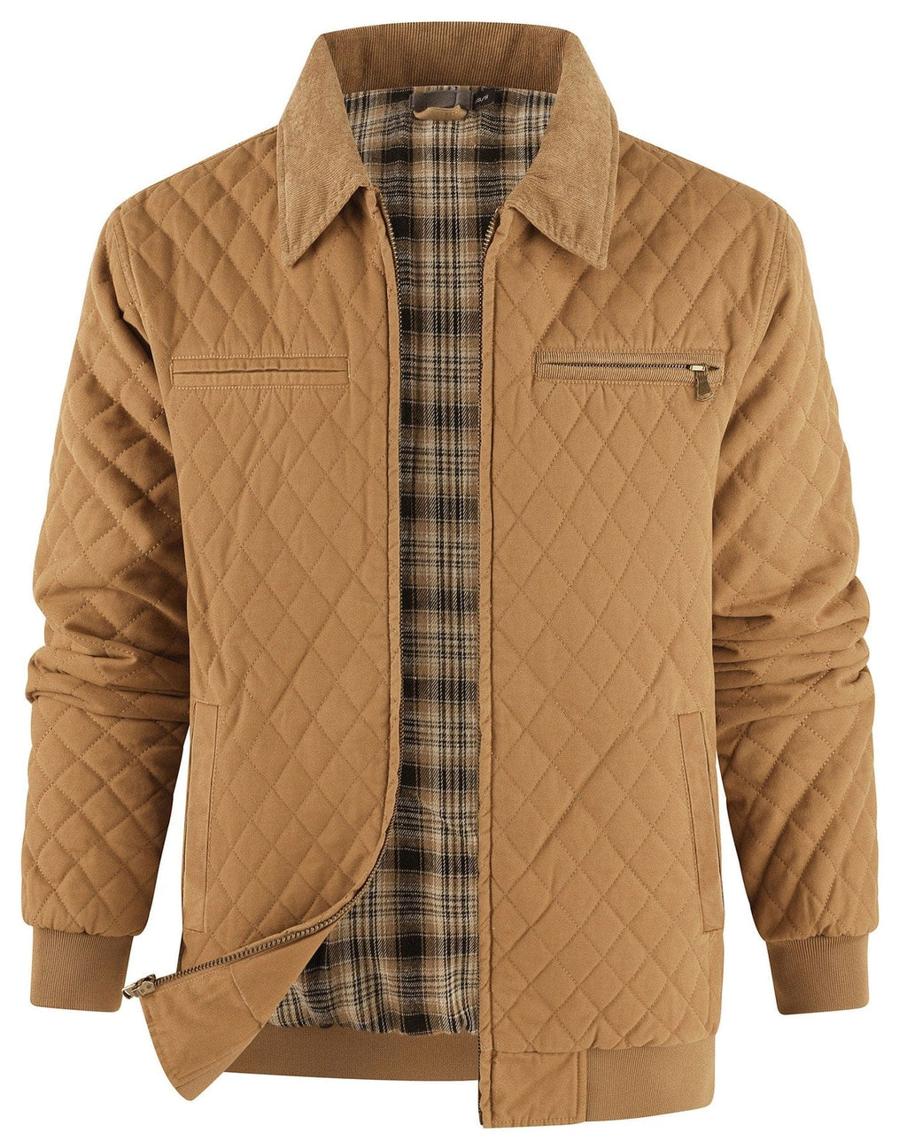 Diamond Quilted Corduroy Collar Zip Bomber Jacket for Men | Layering