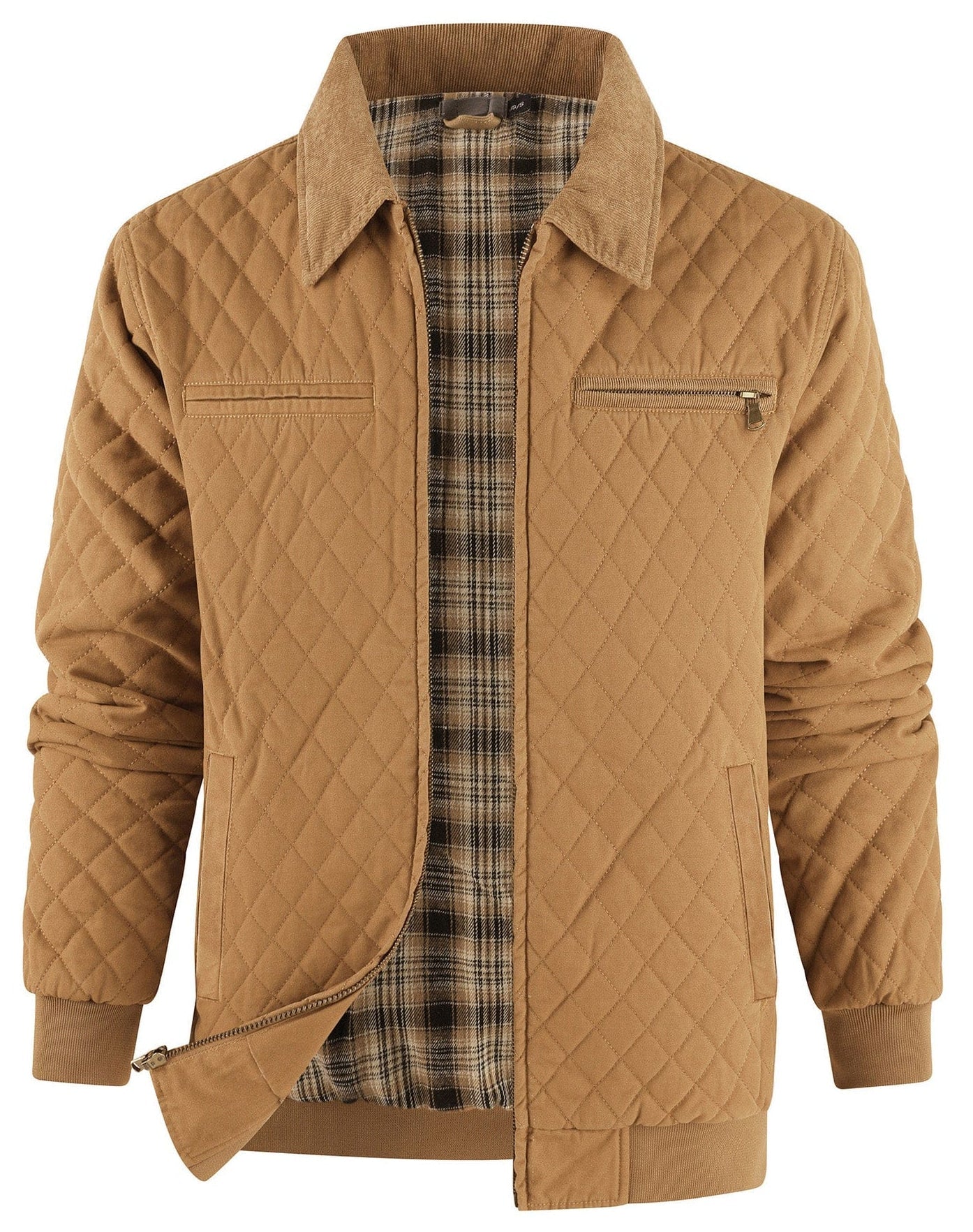 Diamond Quilted Corduroy Collar Zip Bomber Jacket for Men | Layering