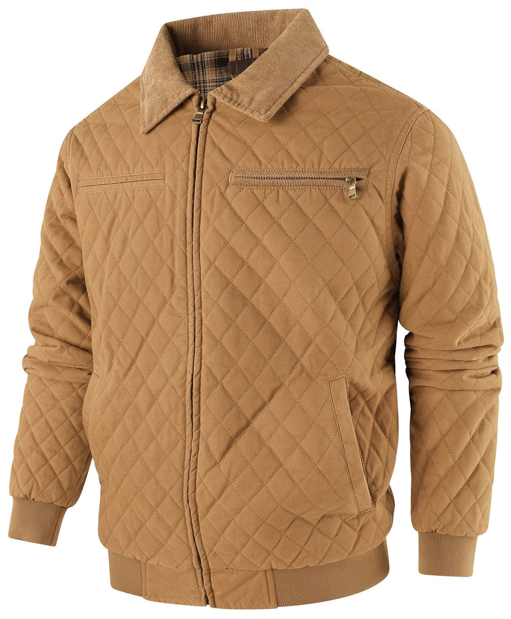 Diamond Quilted Corduroy Collar Zip Bomber Jacket for Men | Layering