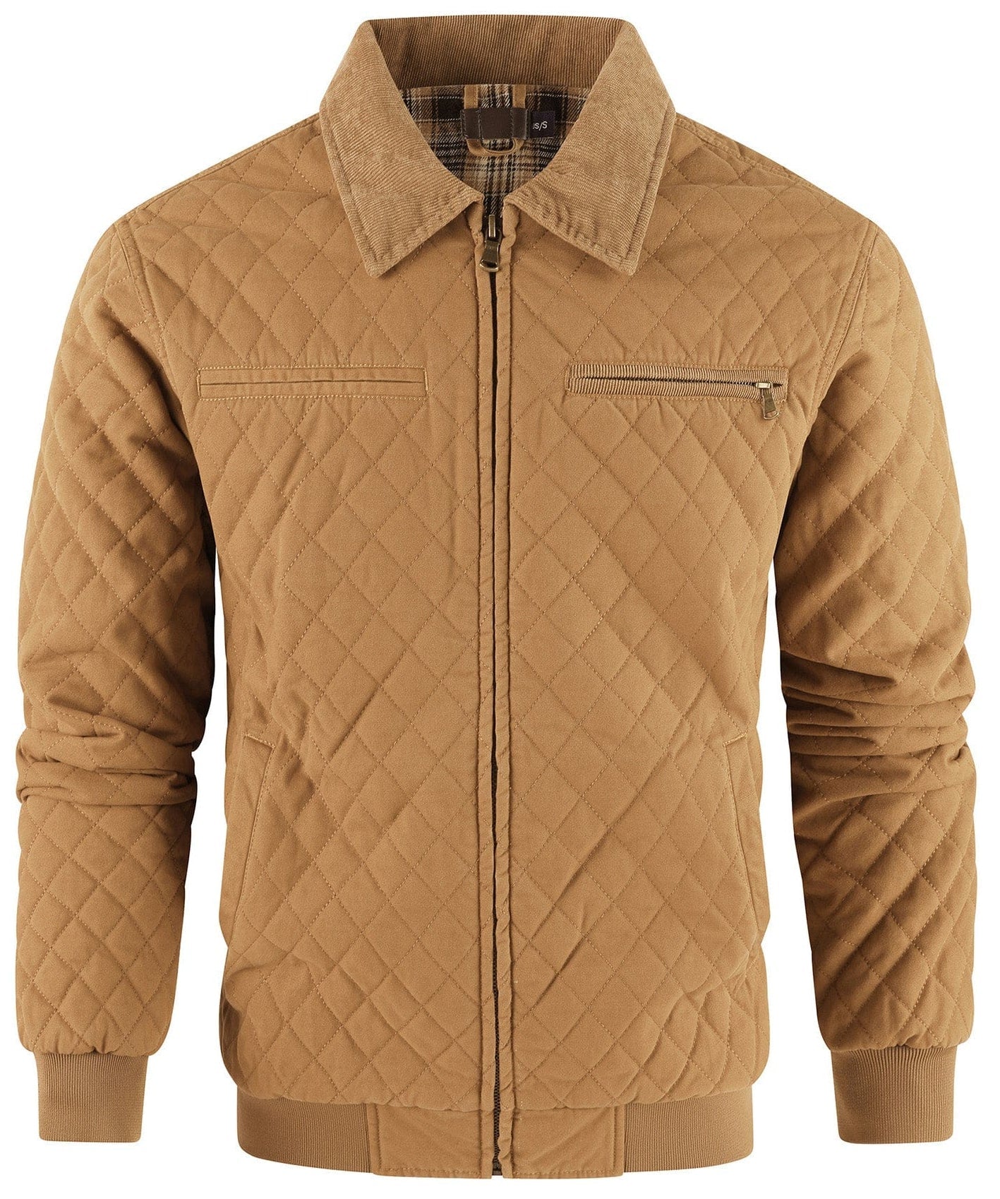 Diamond Quilted Corduroy Collar Zip Bomber Jacket for Men | Layering
