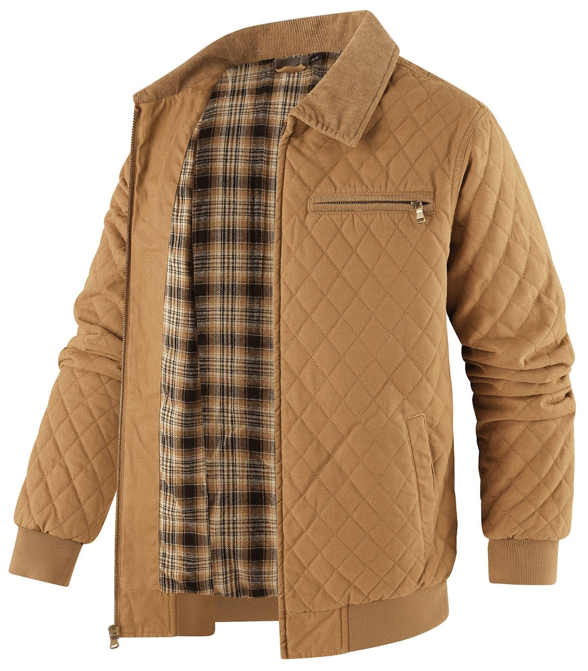Diamond Quilted Corduroy Collar Zip Bomber Jacket for Men | Layering